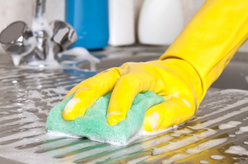 Cleaning specialist discussing transparent pricing for a hallway and stairs