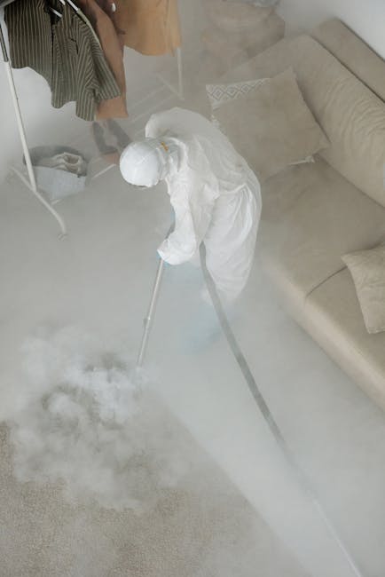 A person dressed in full protective cleaning gear, including a white coverall, gloves, a face mask, and goggles, is kneeling on a dark wooden floor in a bright, modern room with large windows. The ind
